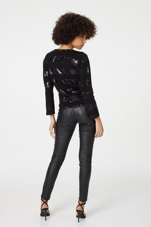 Black | Sequin Tie Front Knit Cardigan