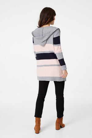 Navy | Striped Hooded Open Cardigan