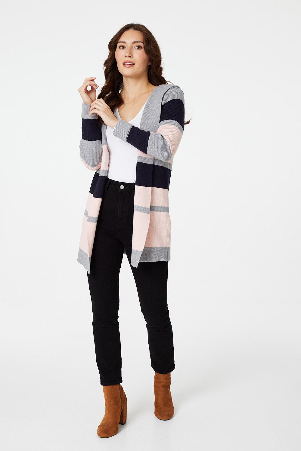 Navy | Striped Hooded Open Cardigan