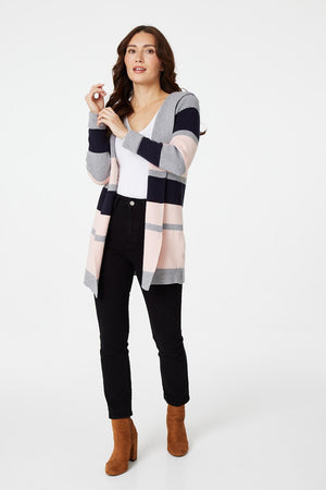 Navy | Striped Hooded Open Cardigan
