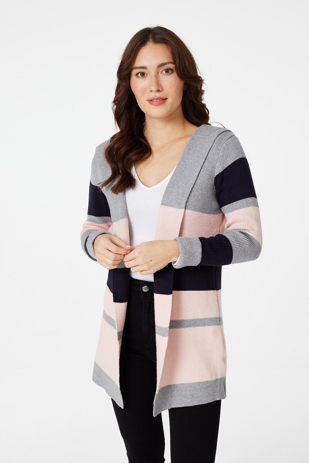 Navy | Striped Hooded Open Cardigan