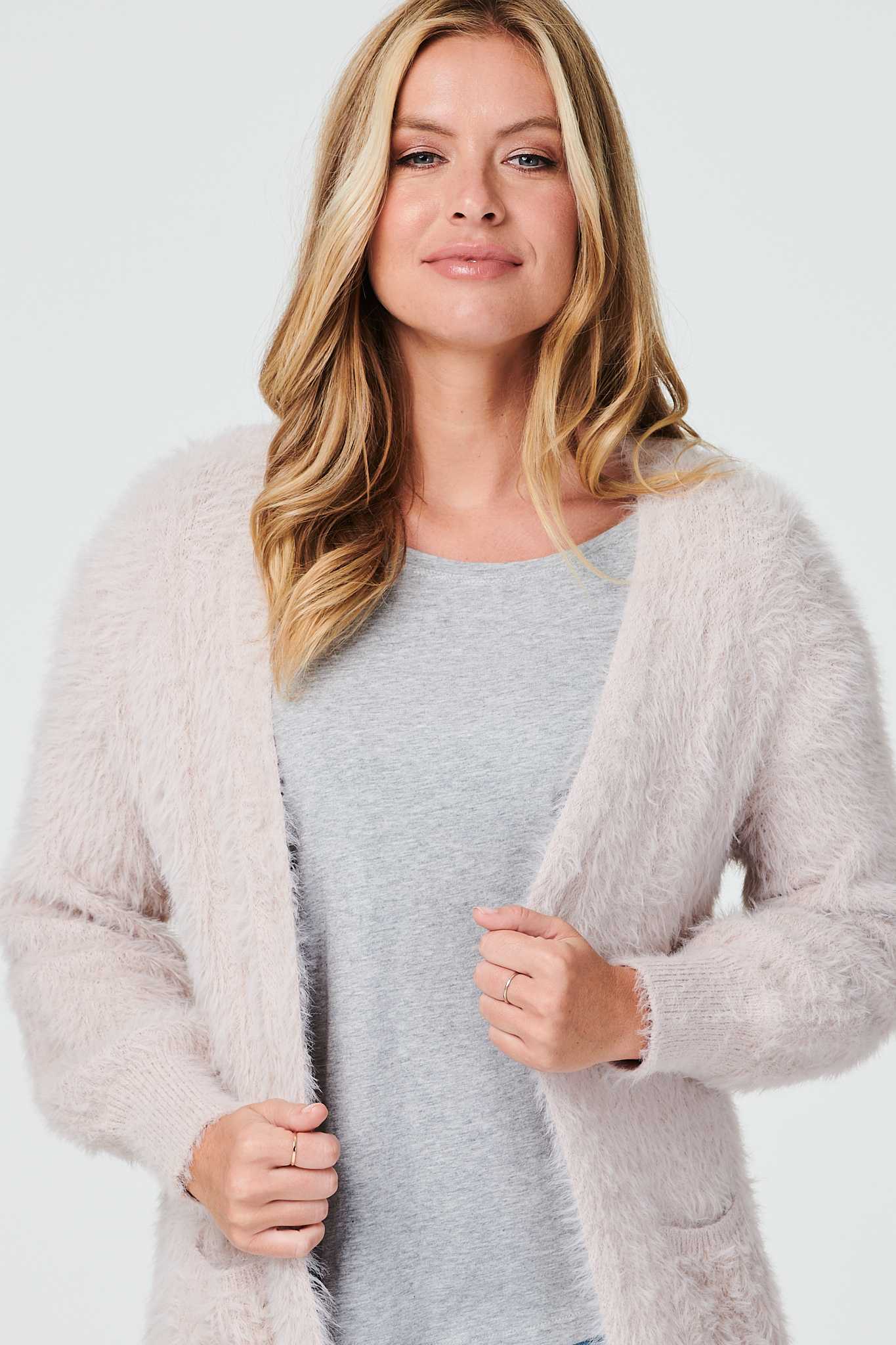 Pink | Fluffy Knitted Open Front Cardigan