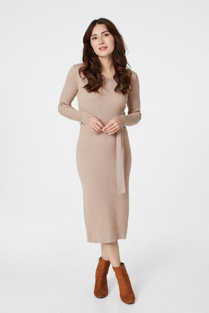 Beige | Long Sleeve Knit Bodycon Midi Dress