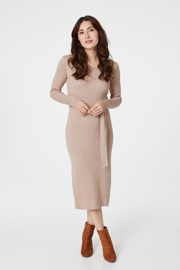 Beige | Long Sleeve Knit Bodycon Midi Dress