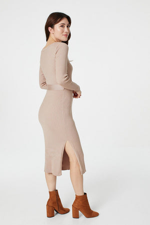 Beige | Long Sleeve Knit Bodycon Midi Dress