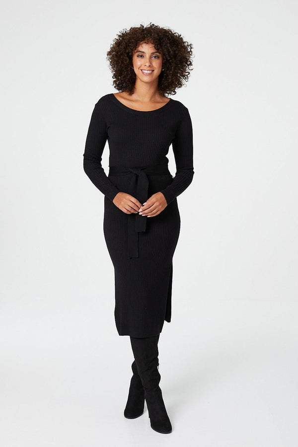 Black | Long Sleeve Knit Bodycon Midi Dress