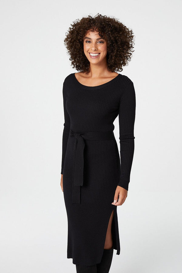 Black | Long Sleeve Knit Bodycon Midi Dress