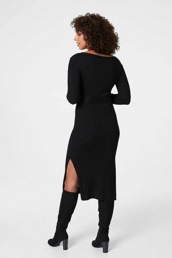 Black | Long Sleeve Knit Bodycon Midi Dress