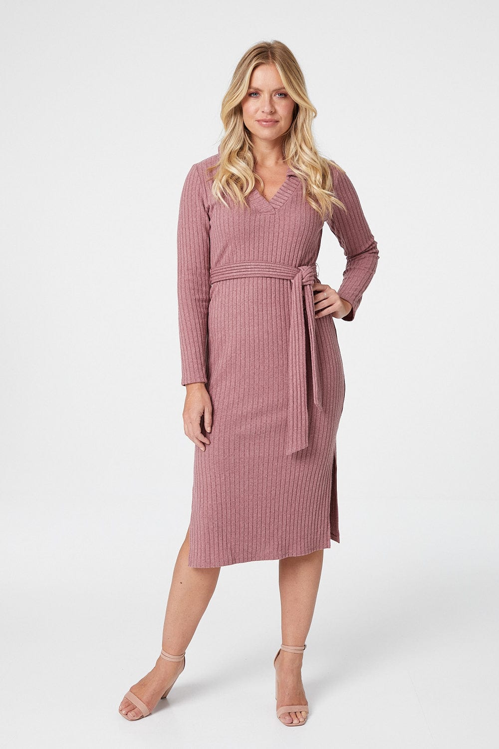 Pink | Polo Collar Long Sleeve Midi Dress