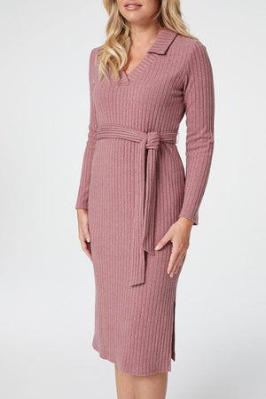 Pink | Polo Collar Long Sleeve Midi Dress