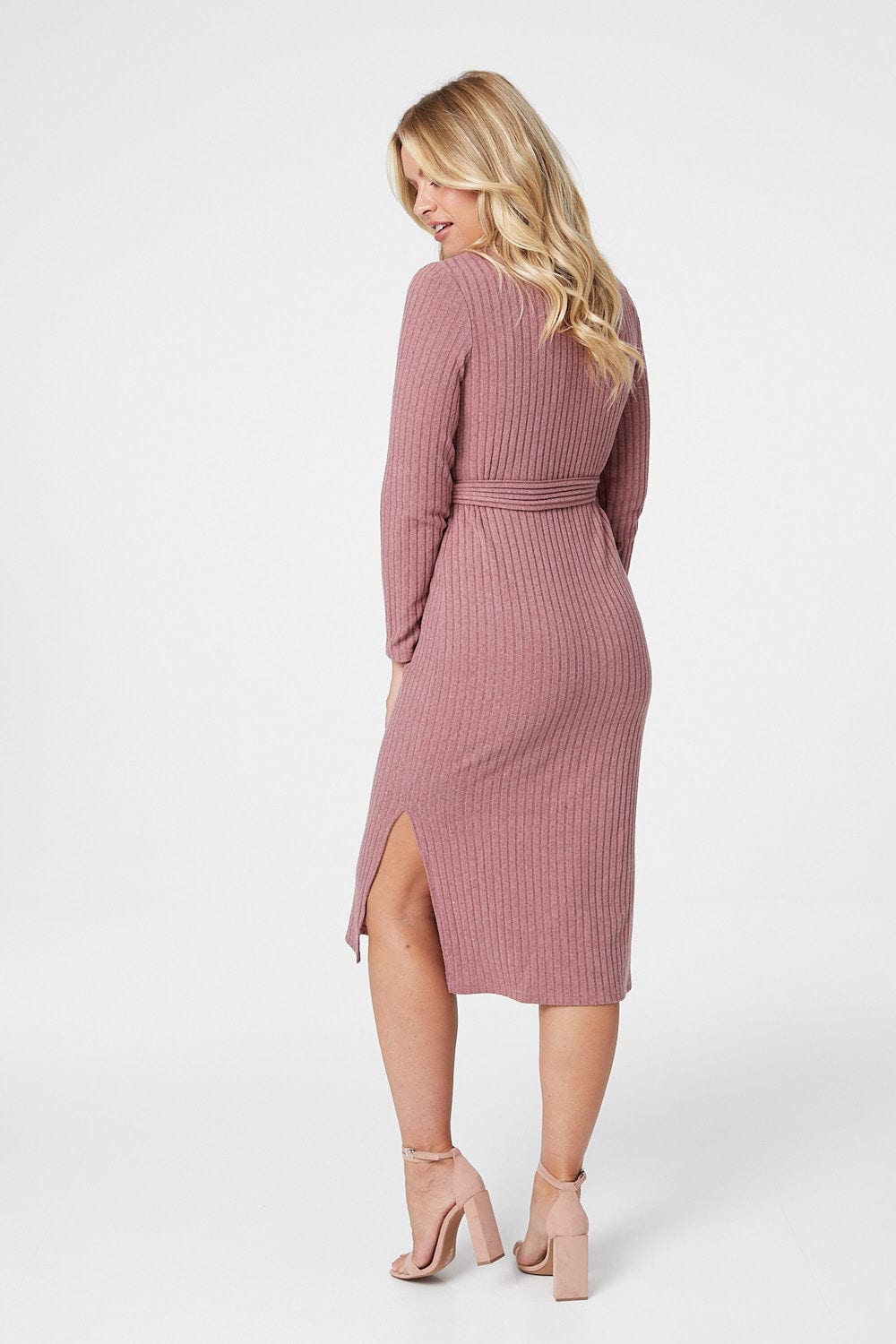 Pink | Polo Collar Long Sleeve Midi Dress