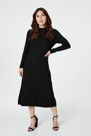 Black | Long Sleeve Knit Bodycon Midi Dress