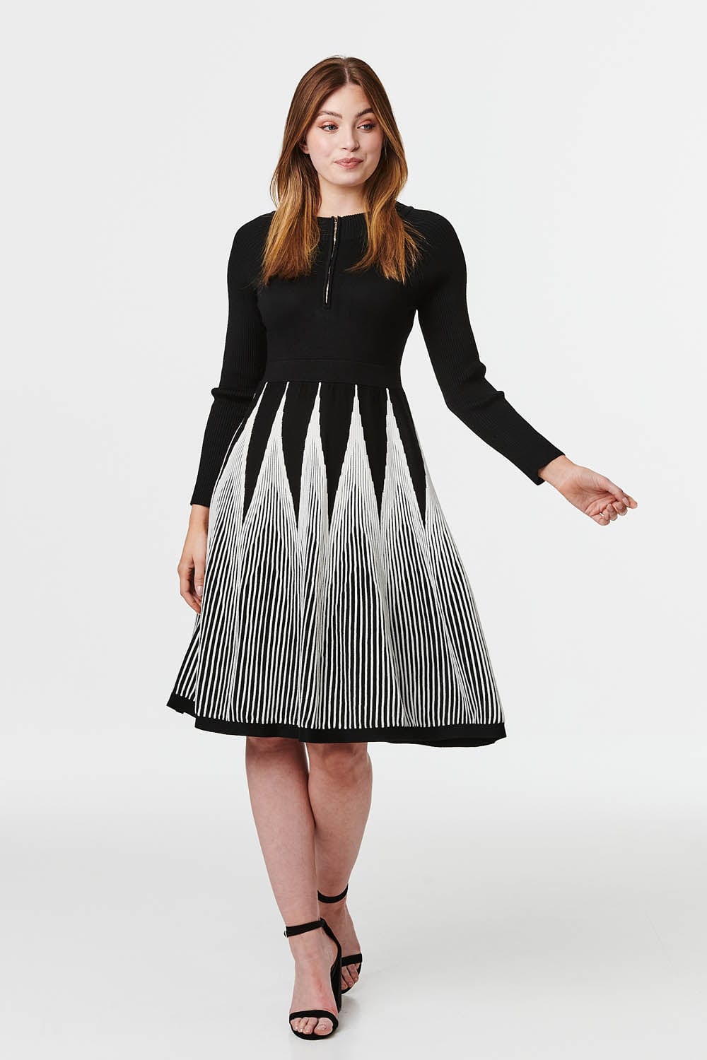 Black And White | Zip Front Knit Skater Dress