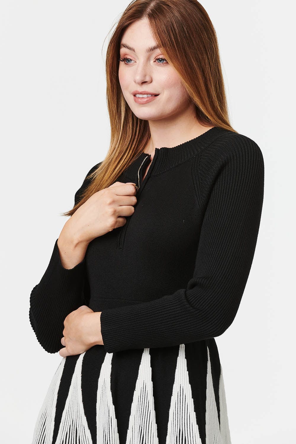 Black And White | Zip Front Knit Skater Dress