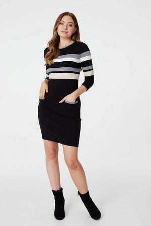 Black | Striped 3/4 Sleeve Knit Dress