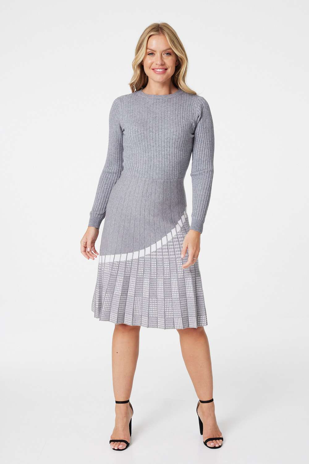 Grey | Striped Pleated Midi Knit Dress