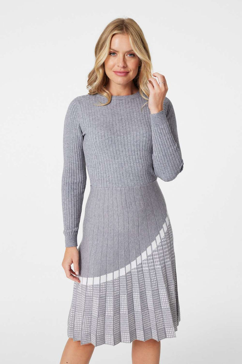 Grey | Striped Pleated Midi Knit Dress