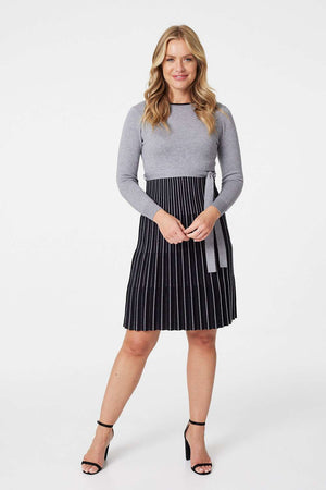 Grey | Striped Long Sleeve Midi Knit Dress