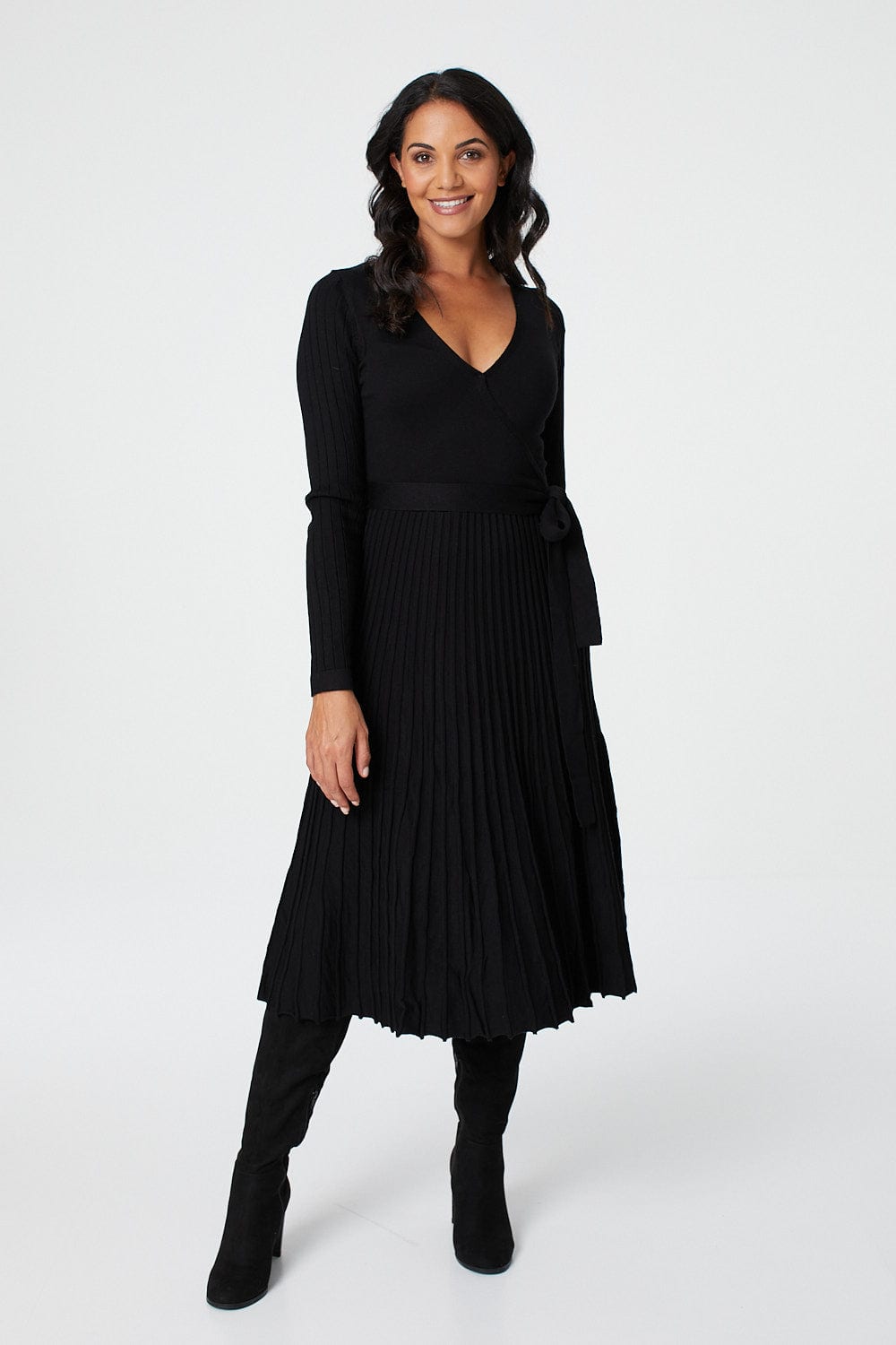 Black | Wrap Front Pleated Midi Dress