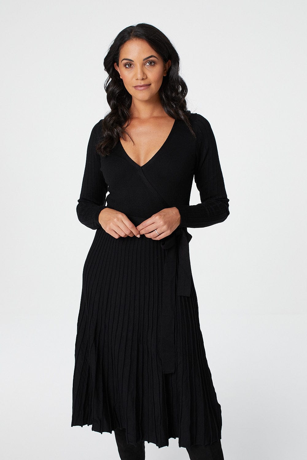 Black | Wrap Front Pleated Midi Dress