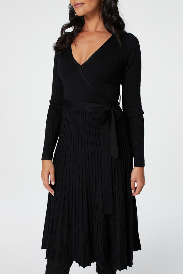 Black | Wrap Front Pleated Midi Dress