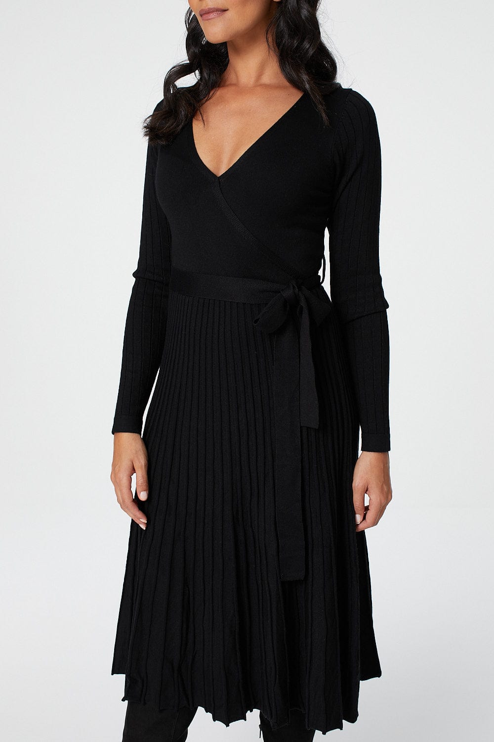 Black | Wrap Front Pleated Midi Dress