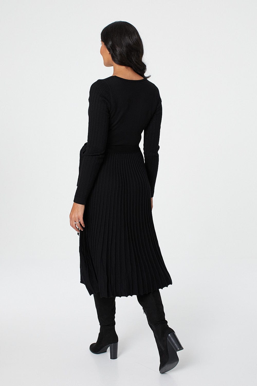 Black | Wrap Front Pleated Midi Dress