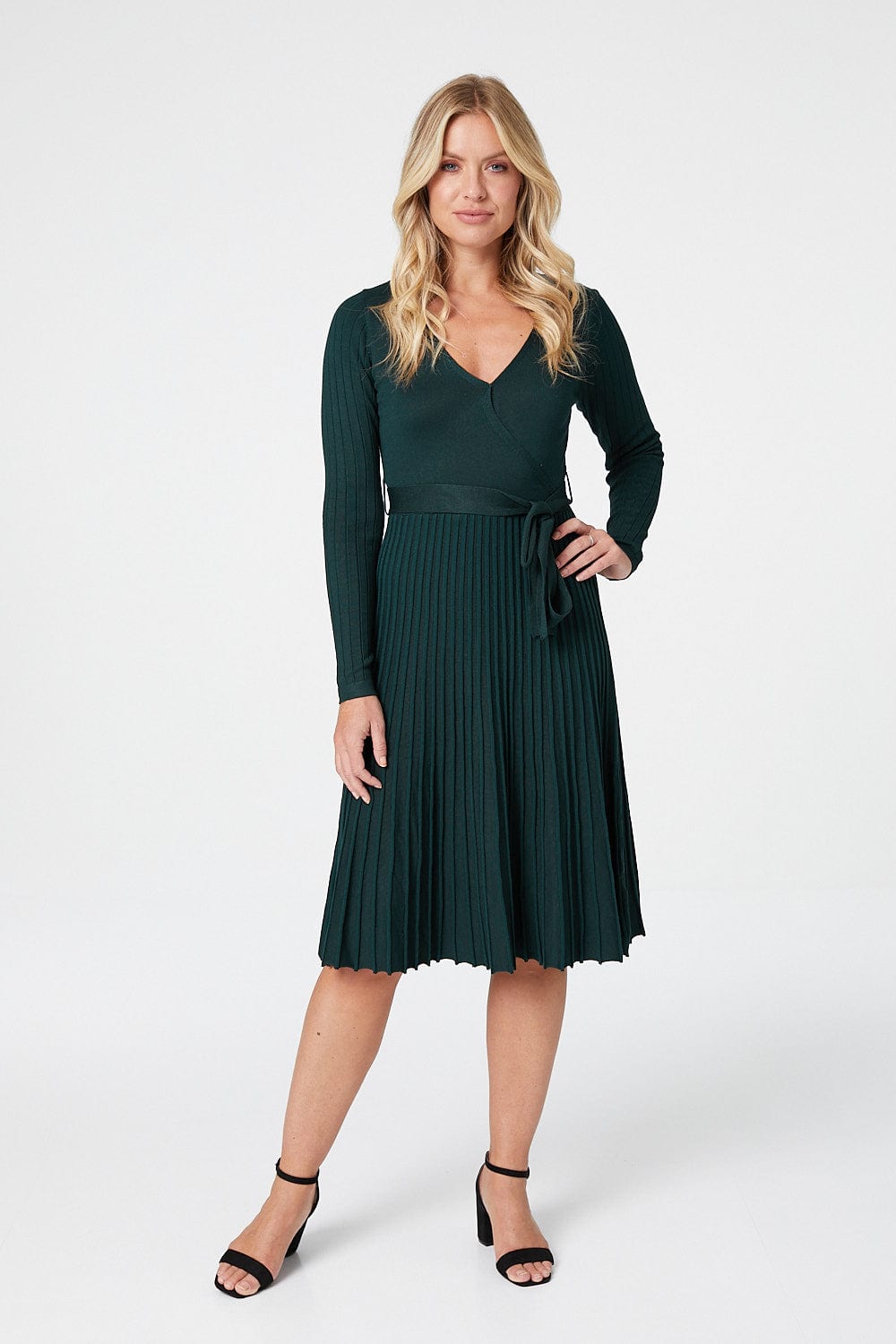 Green | Wrap Front Pleated Midi Dress