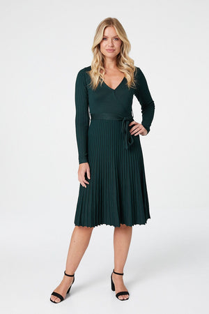 Green | Wrap Front Pleated Midi Dress