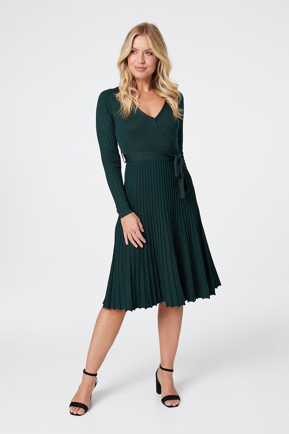Green | Wrap Front Pleated Midi Dress
