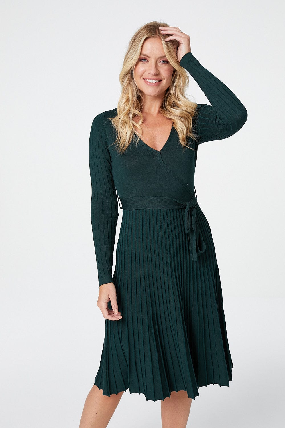 Green | Wrap Front Pleated Midi Dress