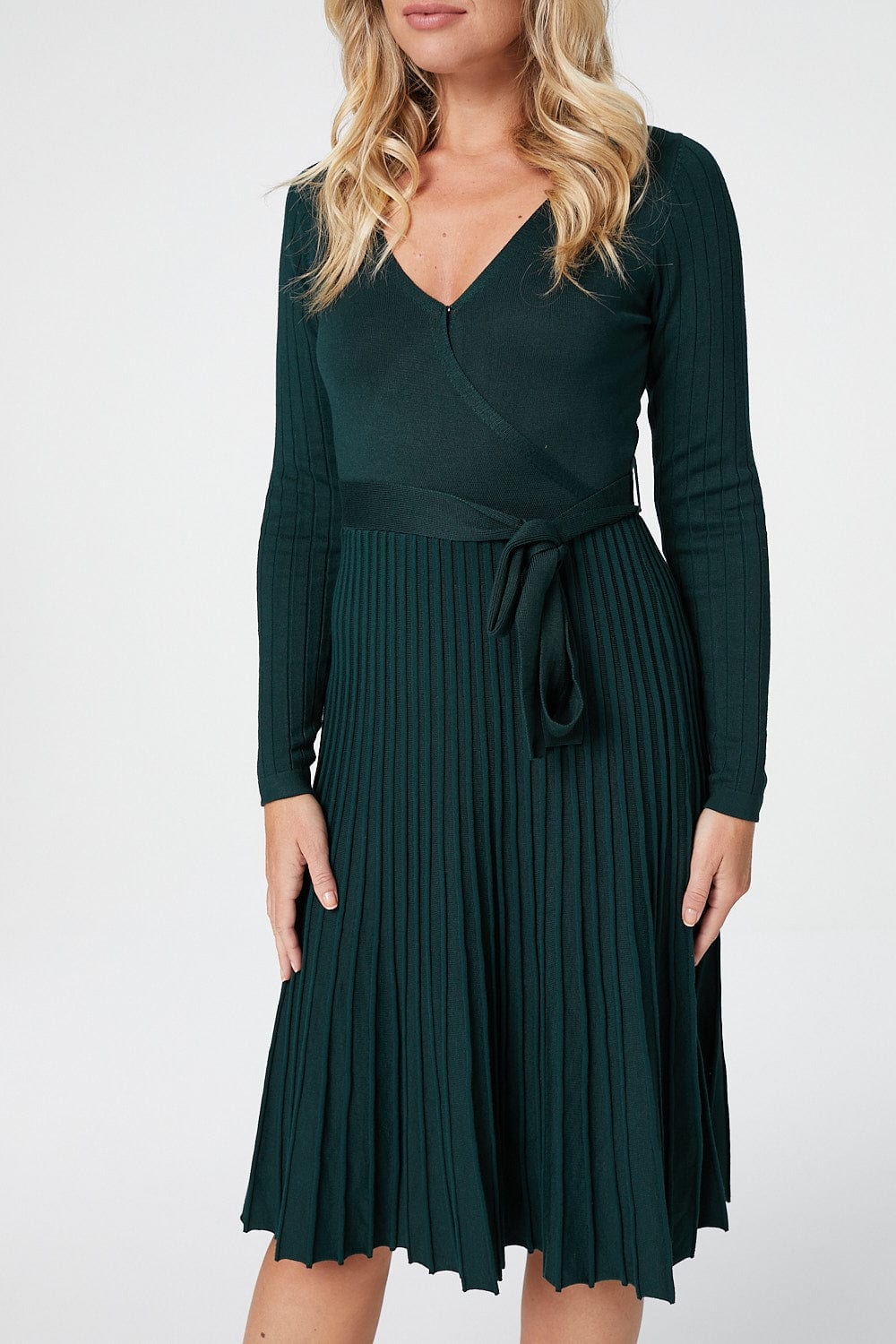 Green | Wrap Front Pleated Midi Dress