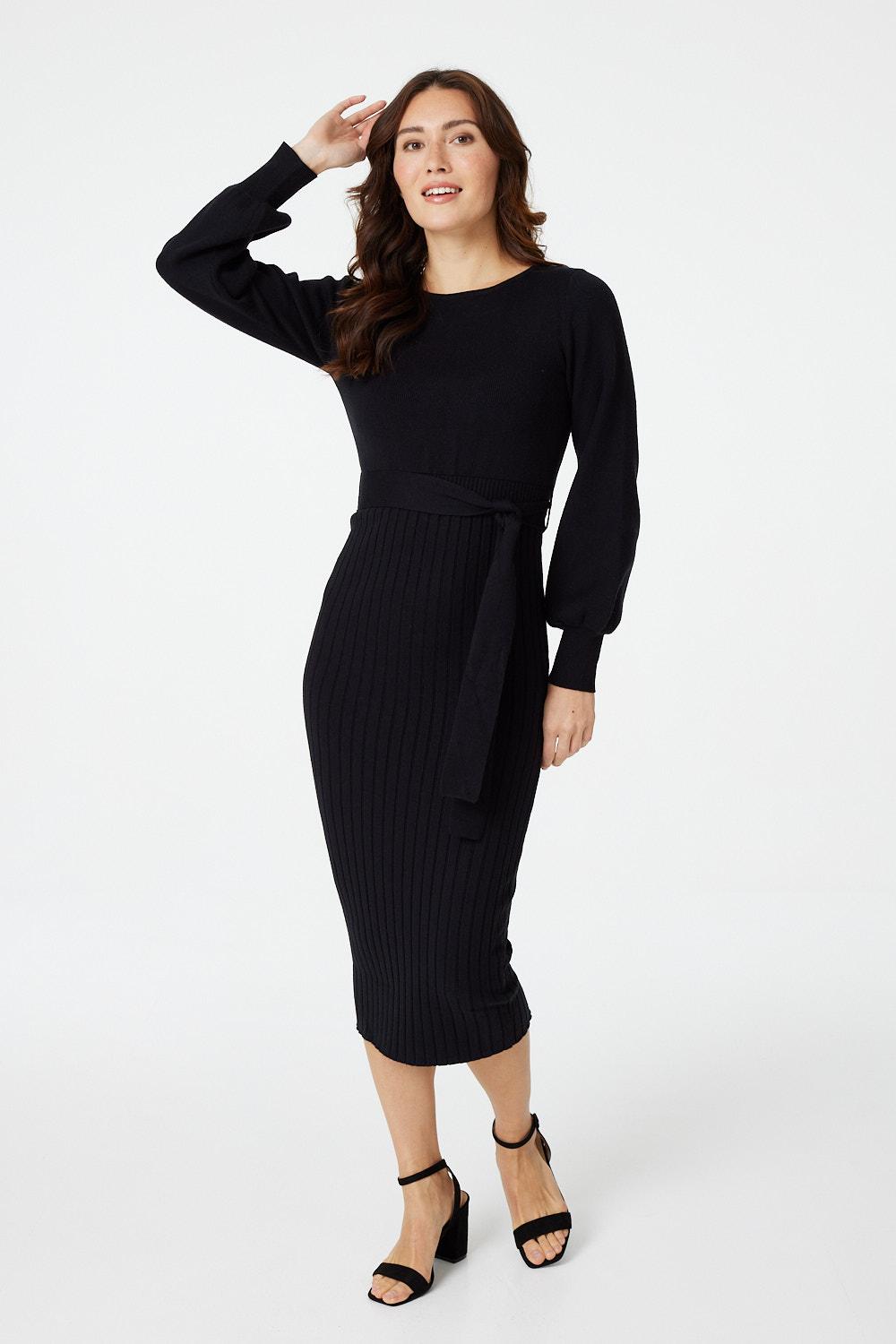 Black | Ribbed Knit Long Sleeve Dress
