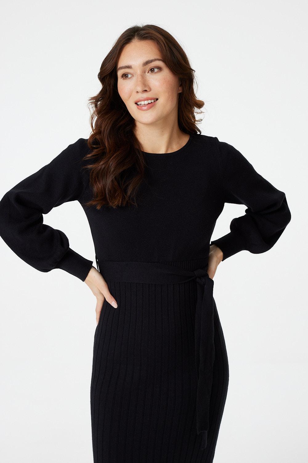 Black | Ribbed Knit Long Sleeve Dress