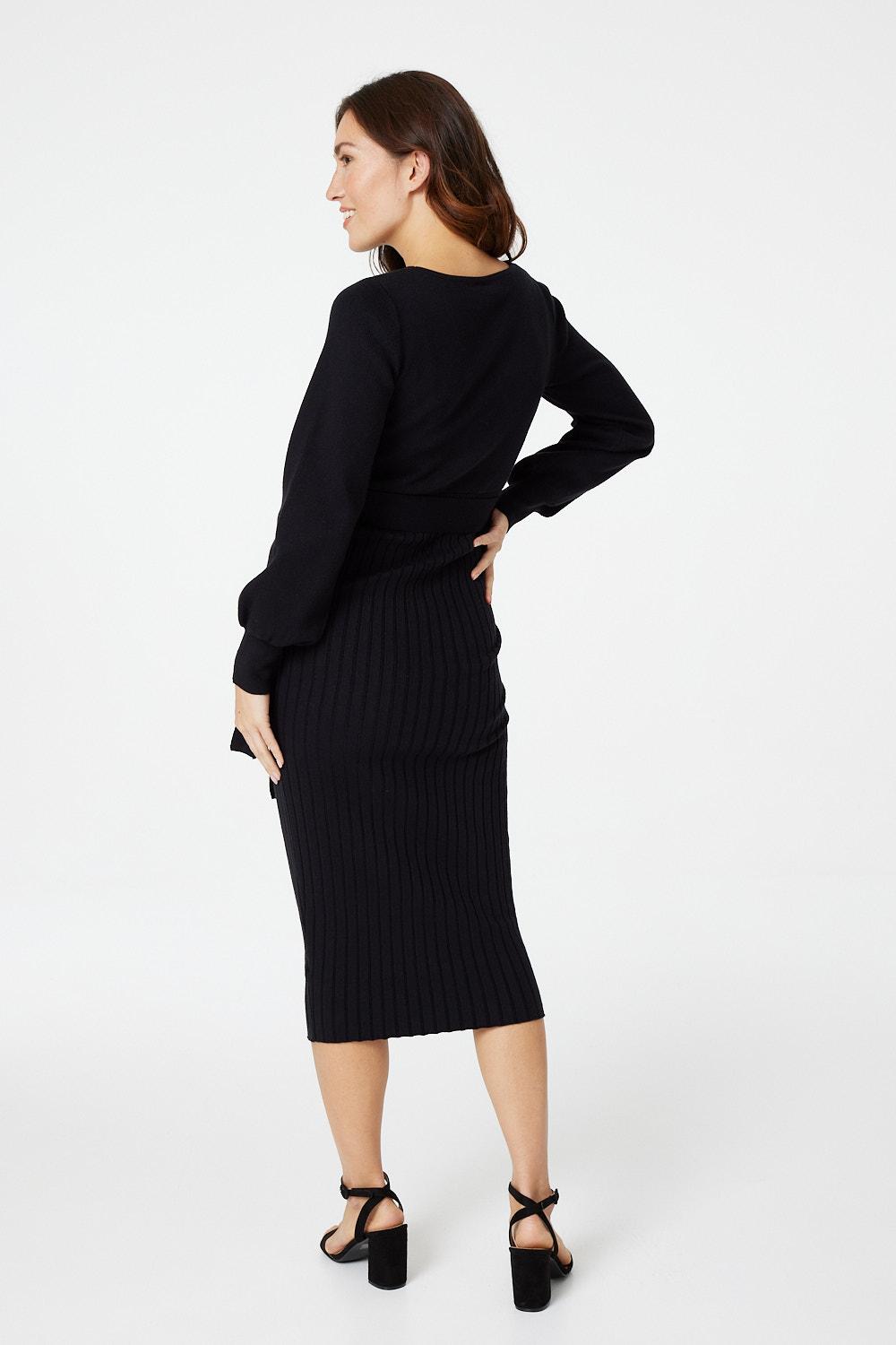 Black | Ribbed Knit Long Sleeve Dress