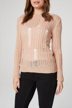 Pink | Distressed Ribbed Jumper