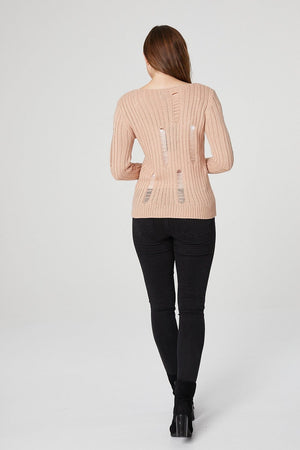 Pink | Distressed Ribbed Jumper