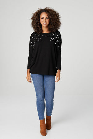 Black | Pearl Embellished Roll Sleeve Jumper