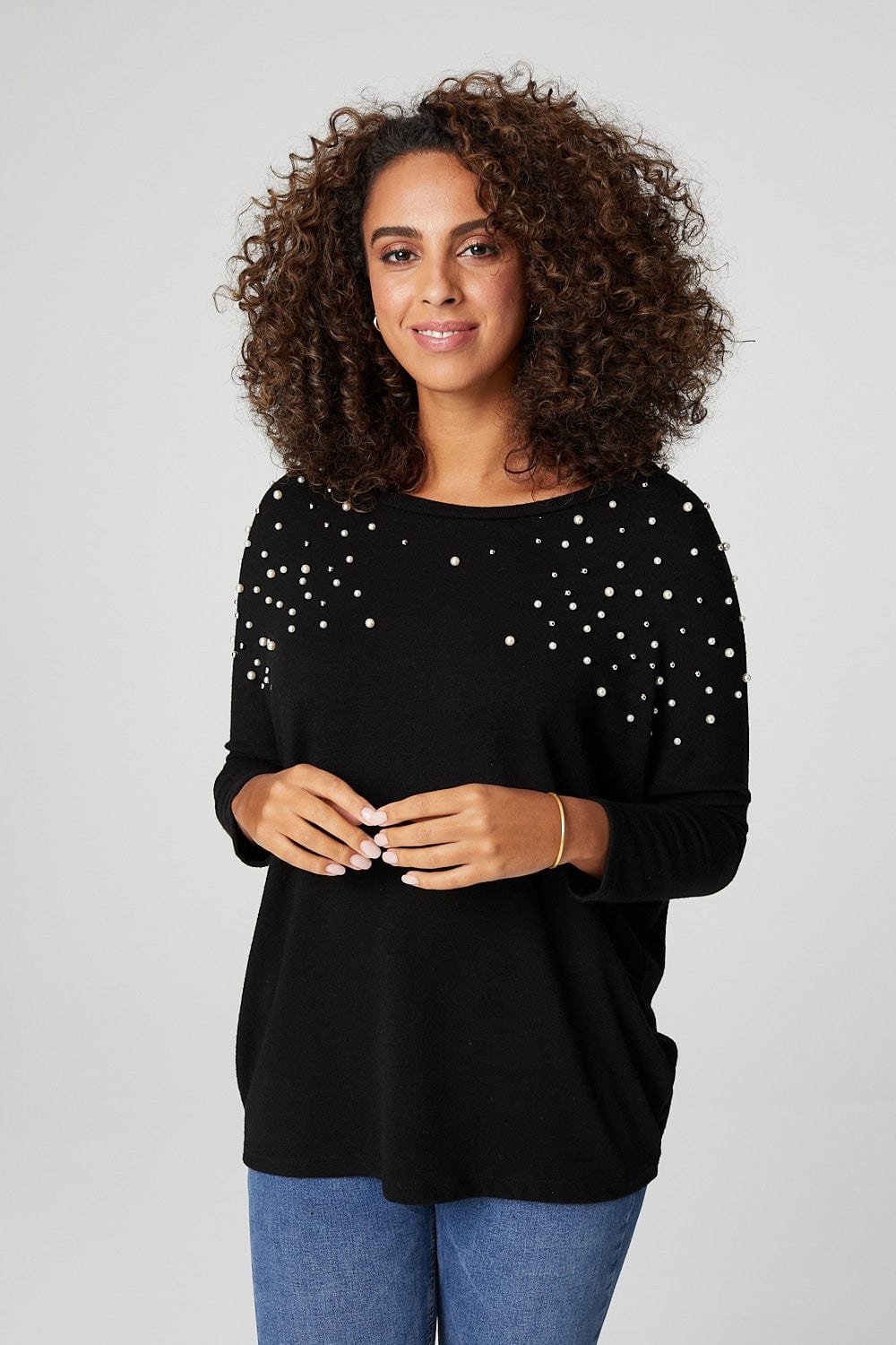 Black | Pearl Embellished Roll Sleeve Jumper