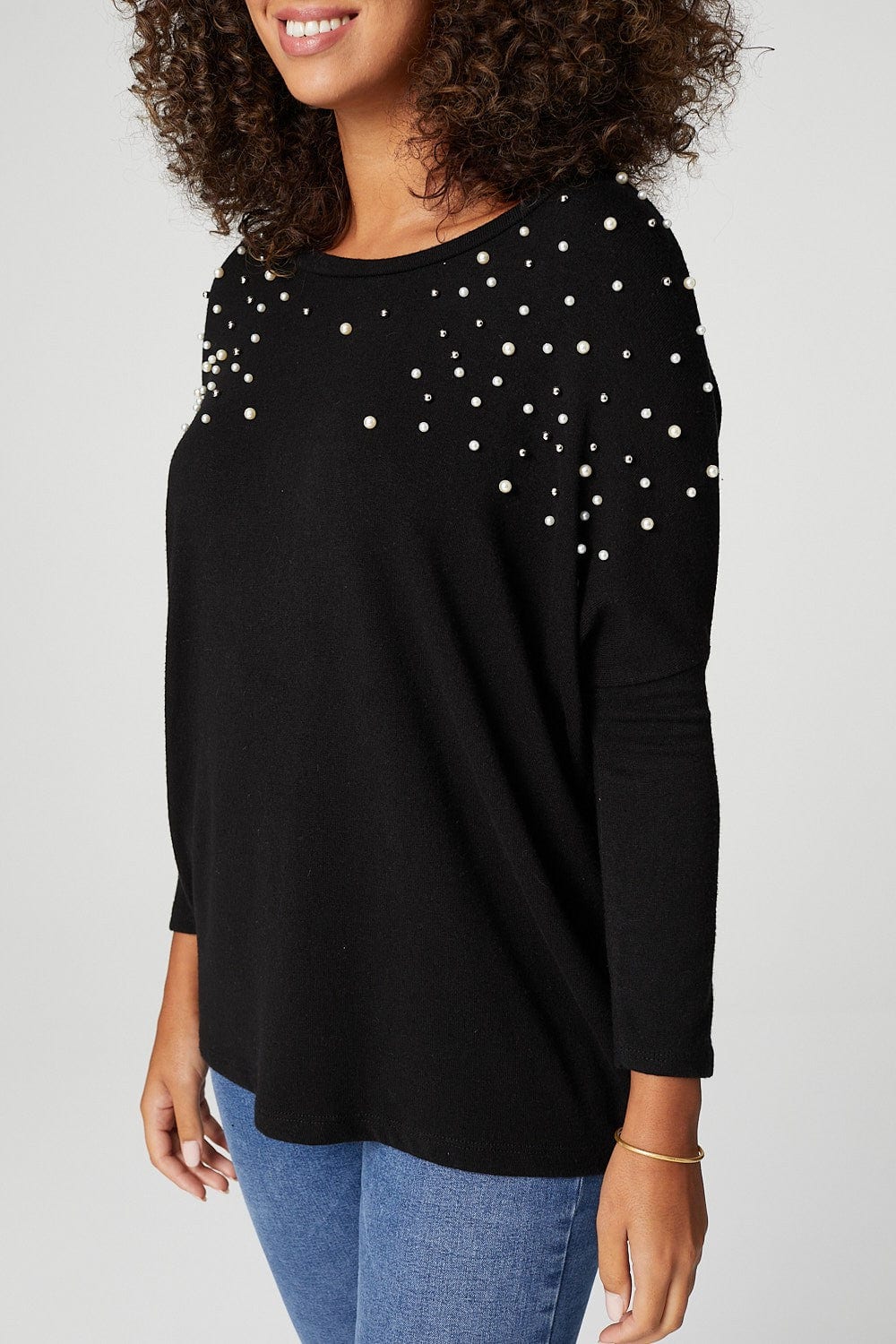 Black | Pearl Embellished Roll Sleeve Jumper