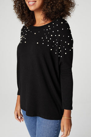 Black | Pearl Embellished Roll Sleeve Jumper