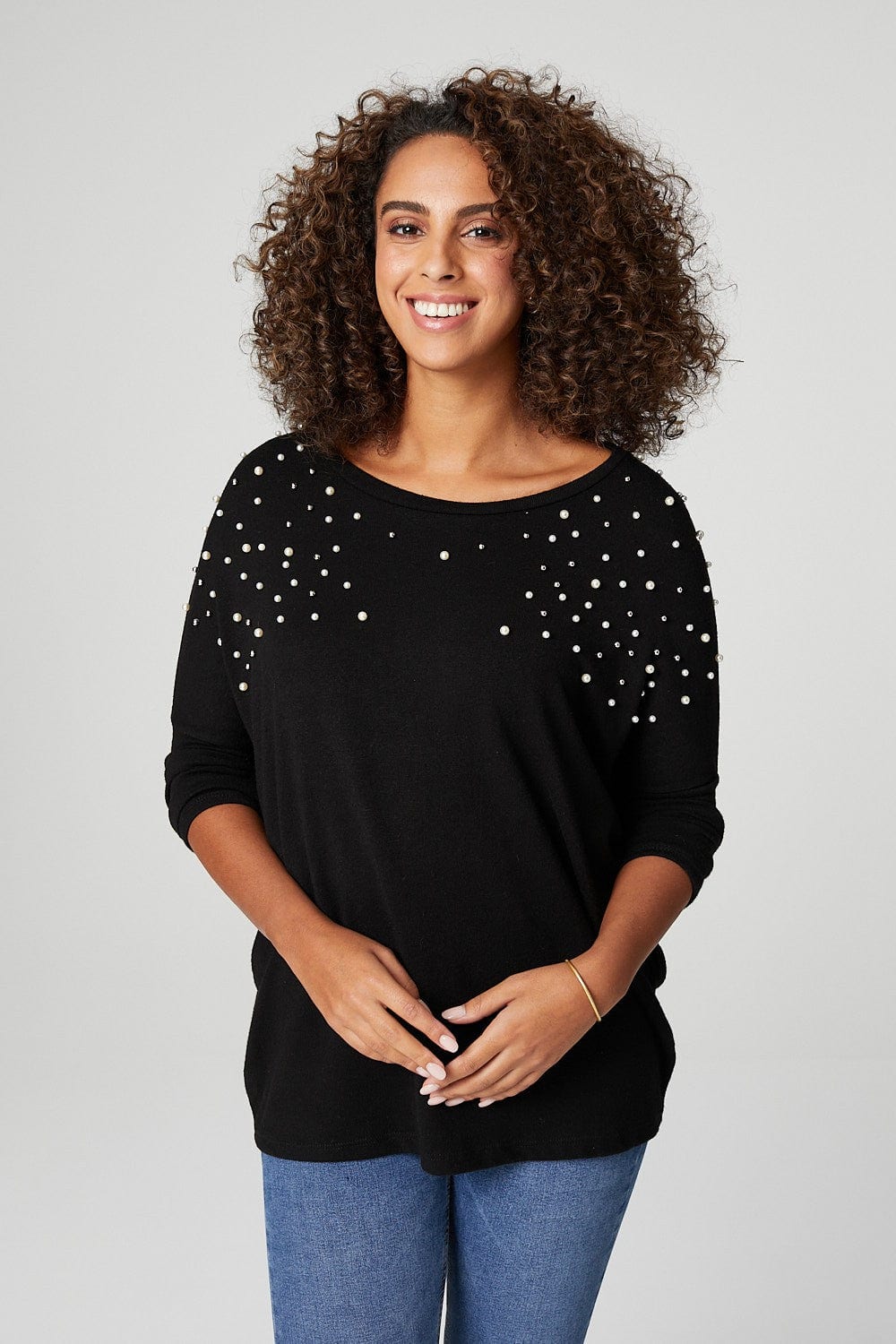Black | Pearl Embellished Roll Sleeve Jumper