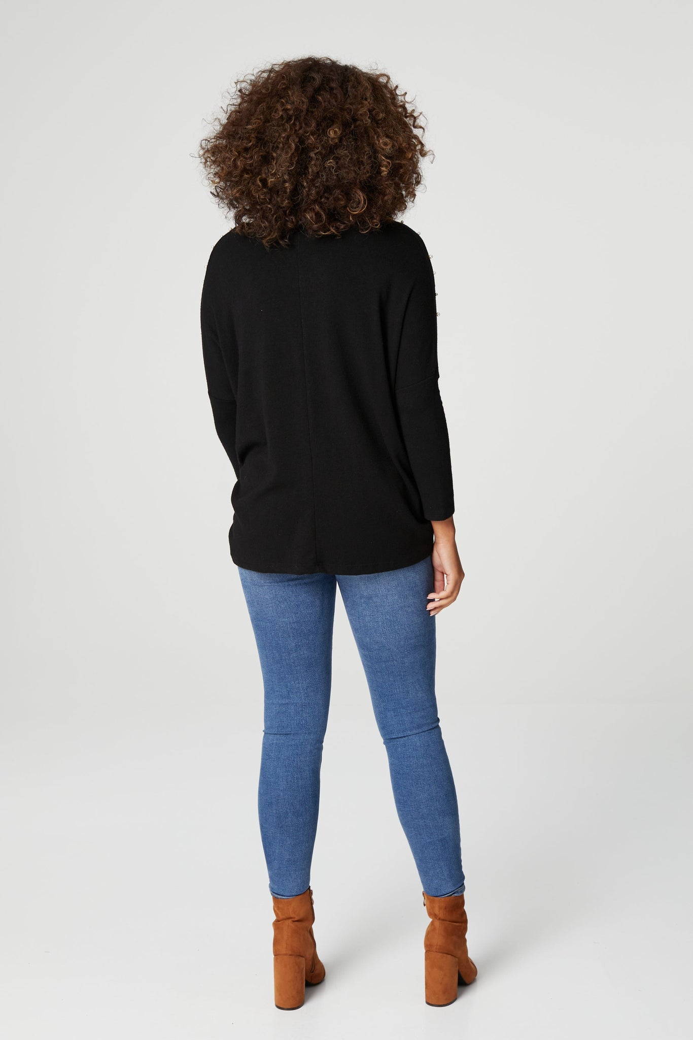 Black | Pearl Embellished Roll Sleeve Jumpe