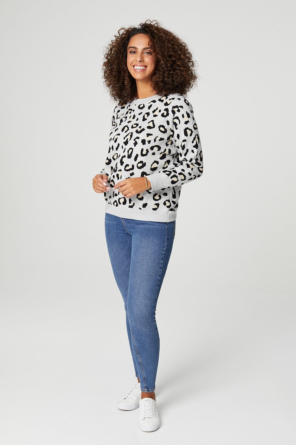 Grey | Leopard Print Relaxed Sweater