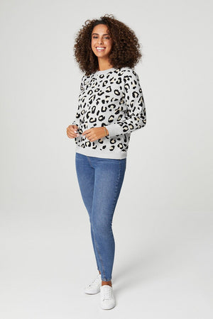 Grey | Leopard Print Relaxed Sweater