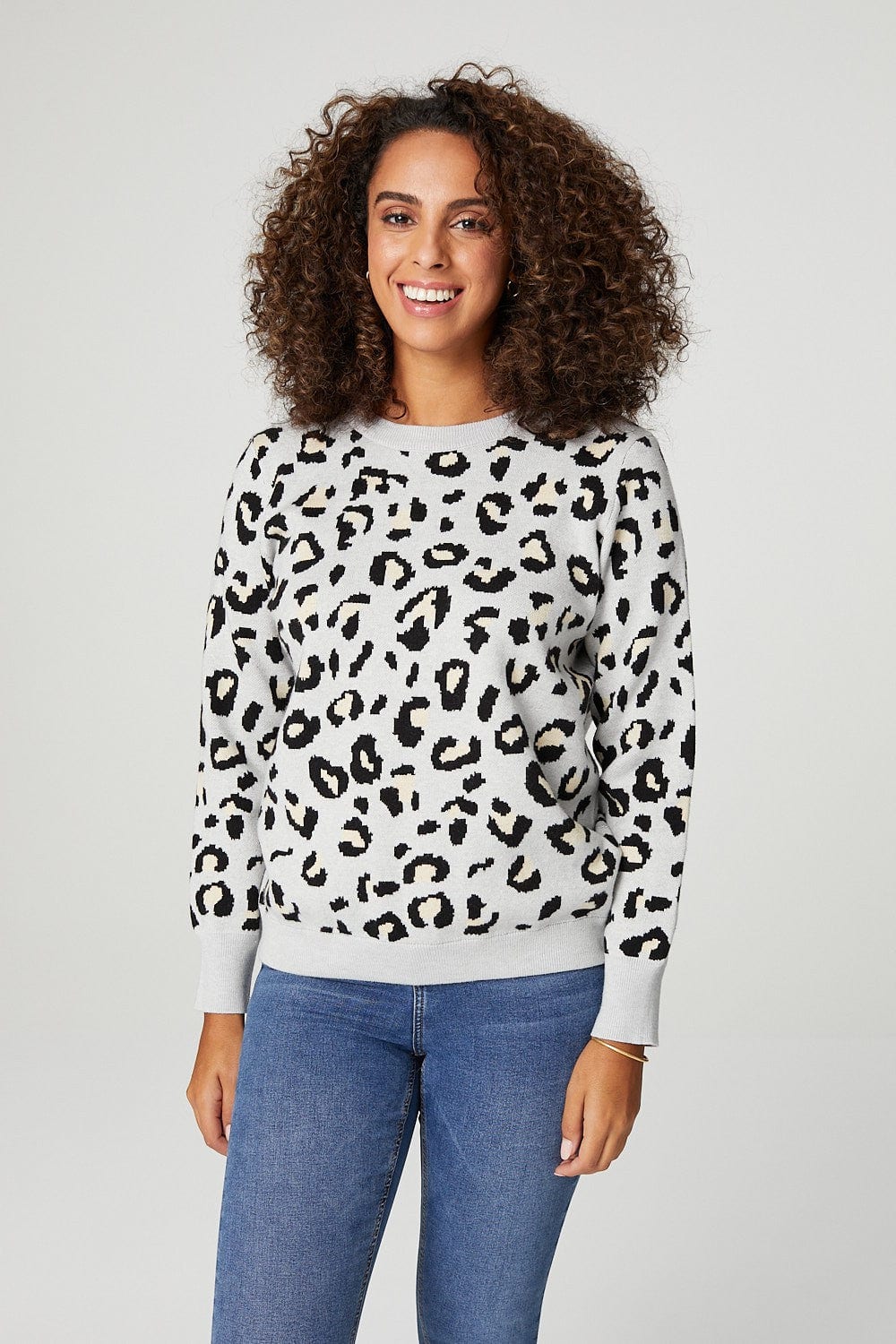 Grey | Leopard Print Relaxed Sweater