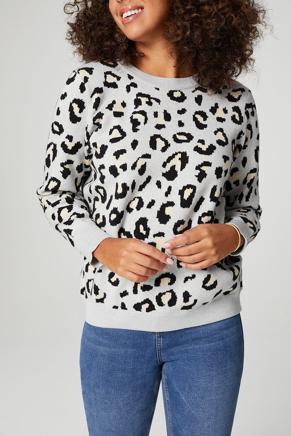 Grey | Leopard Print Relaxed Sweater
