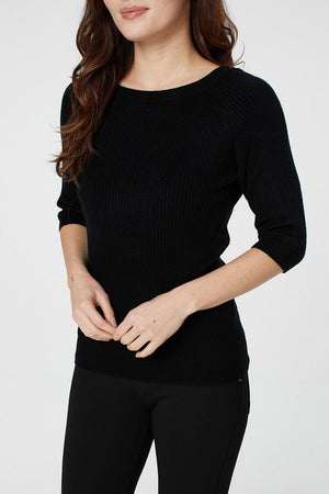 Black | Ribbed Knit 3/4 Sleeve Top
