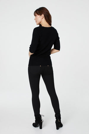 Black | Ribbed Knit 3/4 Sleeve Top