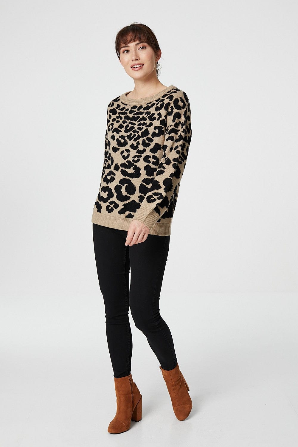 Beige | Leopard Print Relaxed Knit Jumper